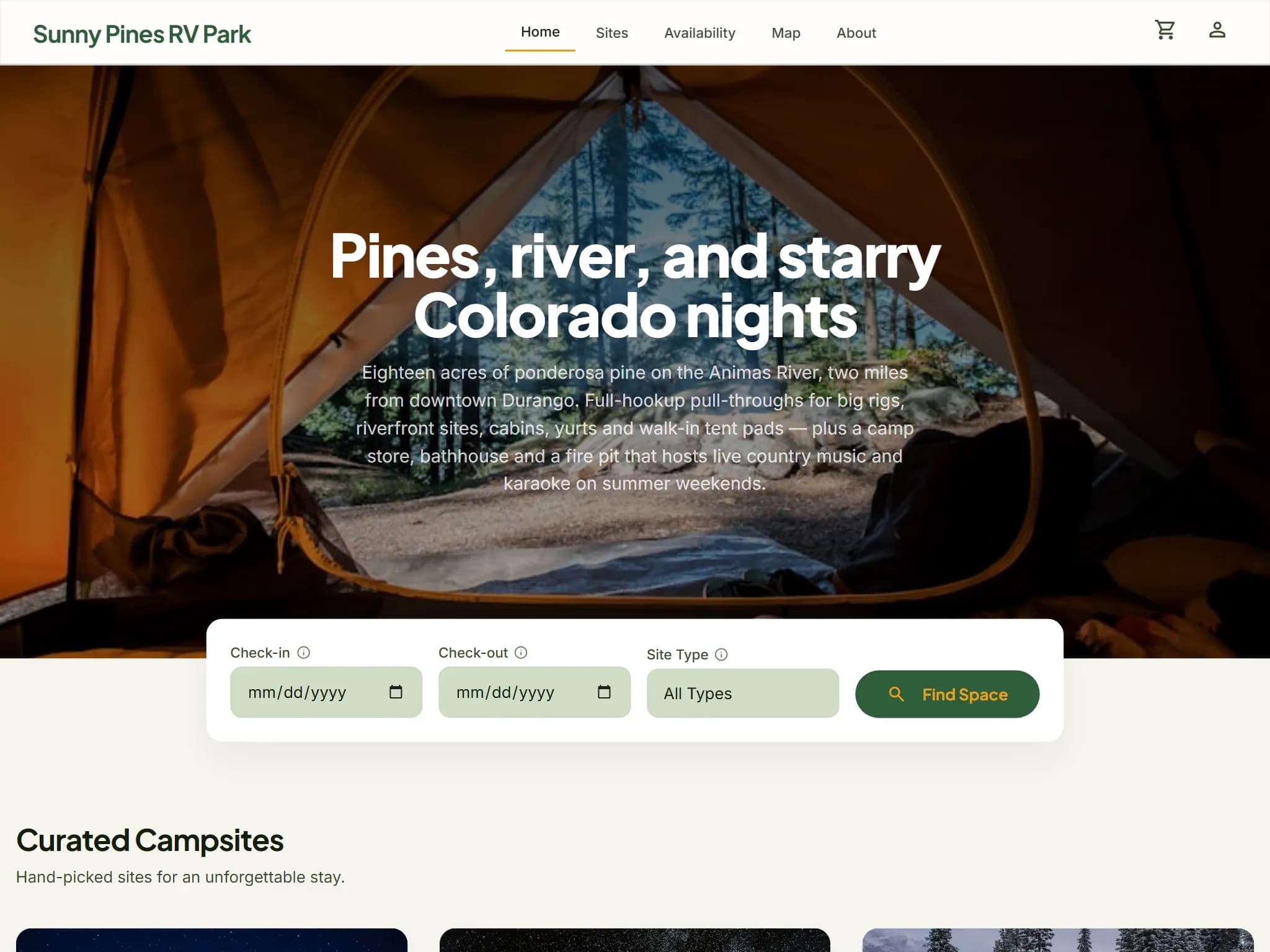 A park's branded booking portal home page with hero photo, custom headline and a date search bar in the park's own colors