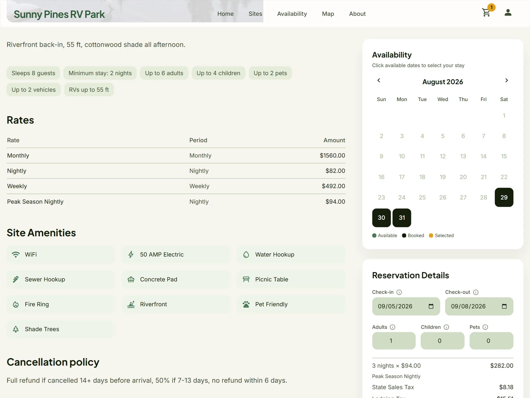 Site detail page with amenity chips, a rates table and an availability calendar beside the reservation date picker