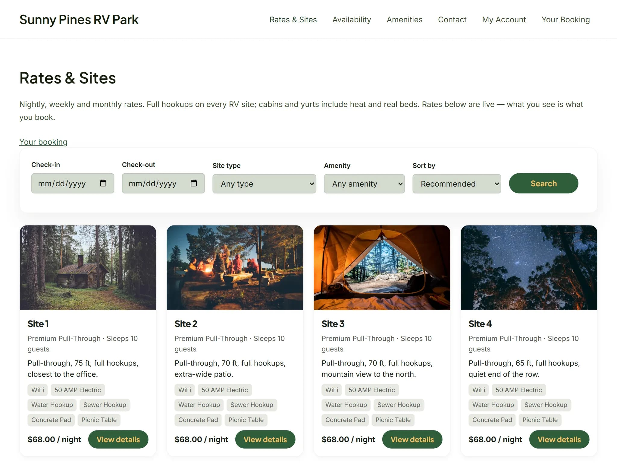 A rates and sites page on a WordPress site rendering the plugin's live search filters and bookable site cards in the site's own theme