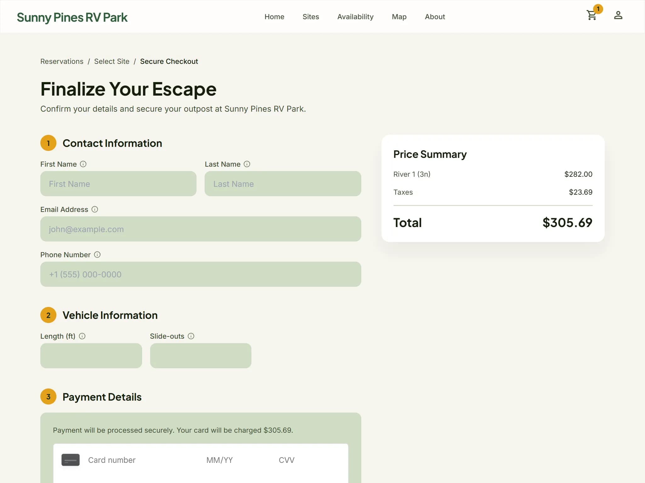 Checkout page with contact and vehicle information steps, secure card payment fields and an order price summary