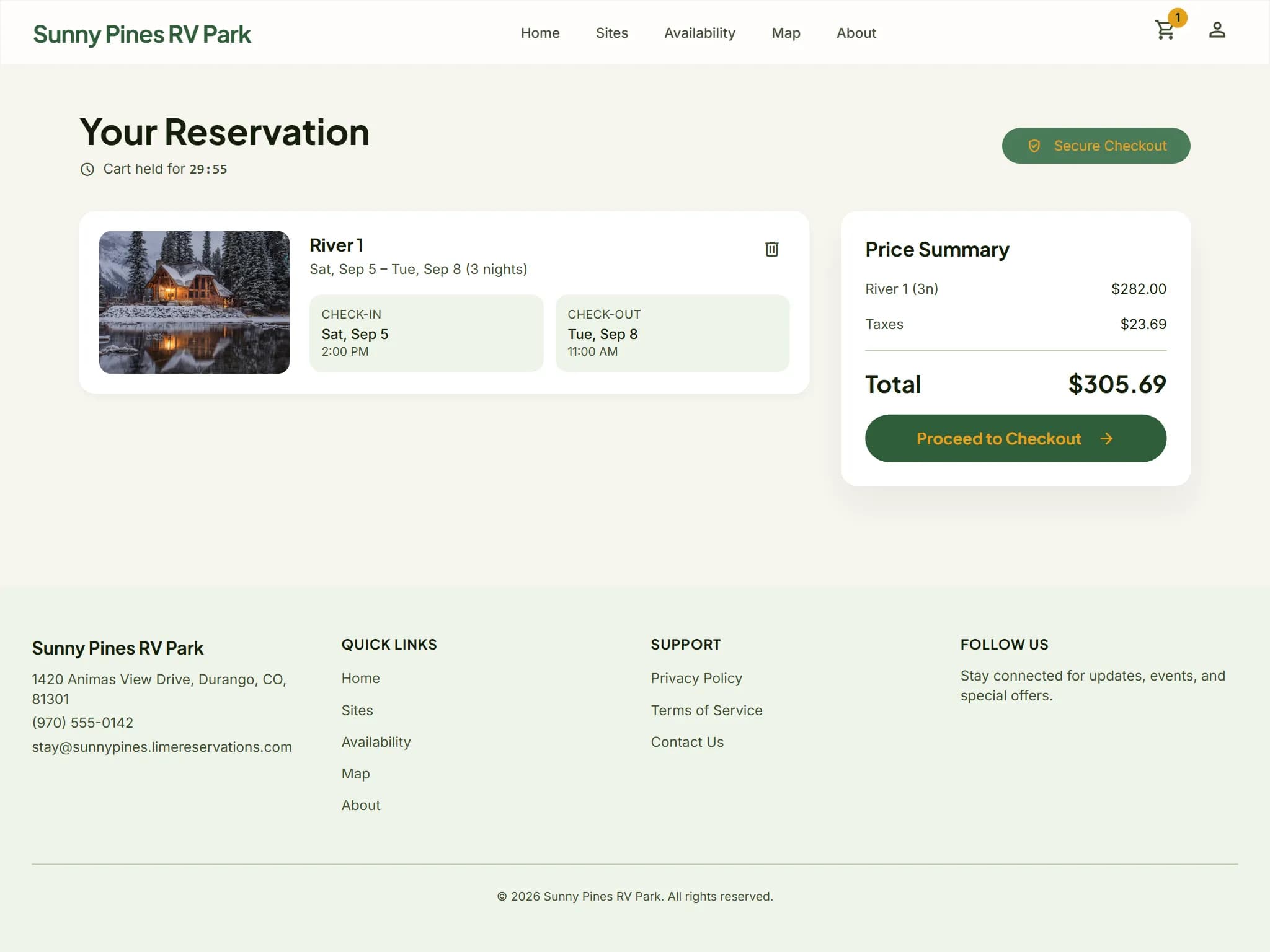 Guest cart holding a riverfront site for three nights, with a live hold countdown timer and price summary