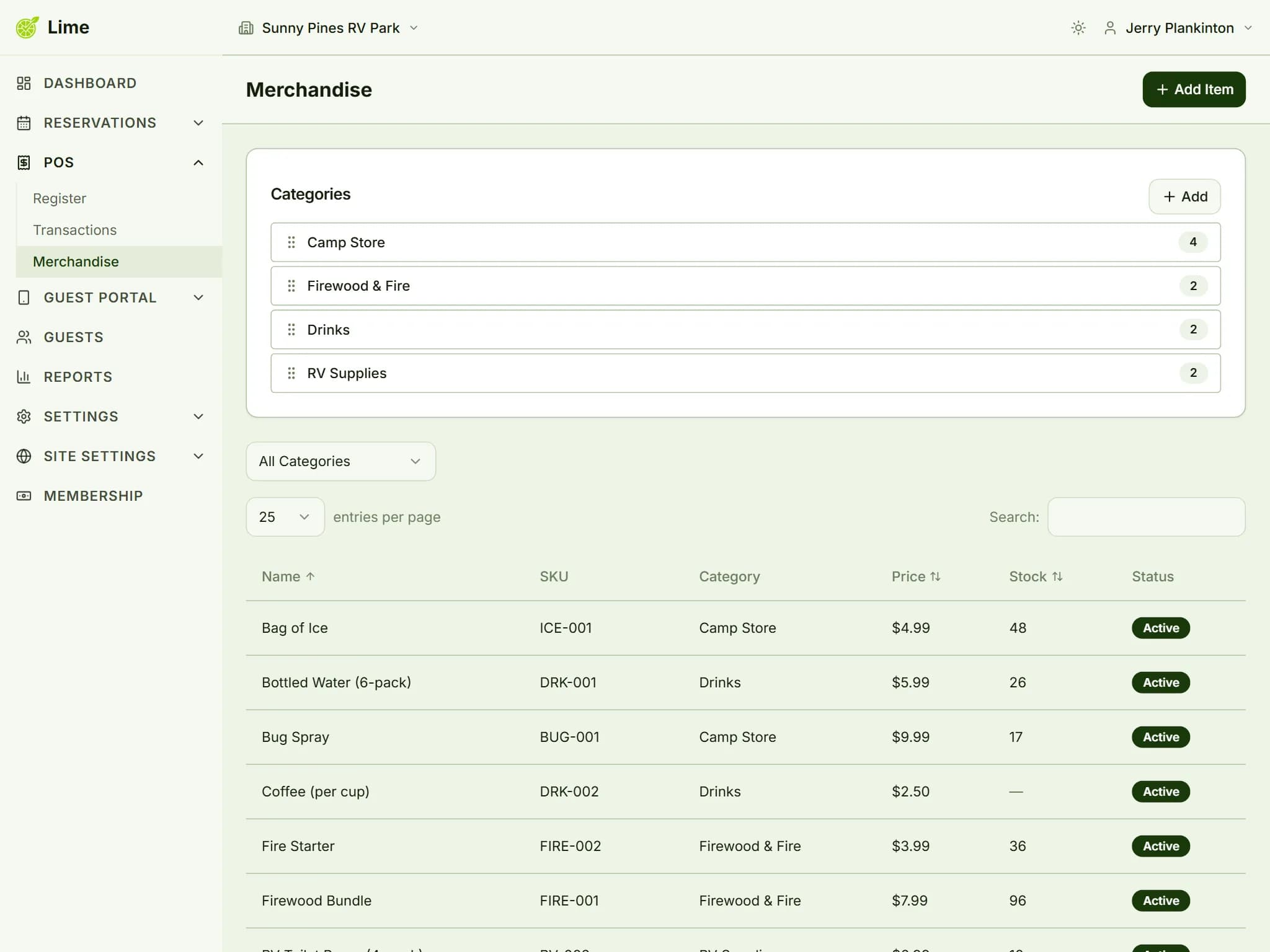 Merchandise admin with drag-to-reorder categories and an item table showing SKUs, prices, stock levels and status