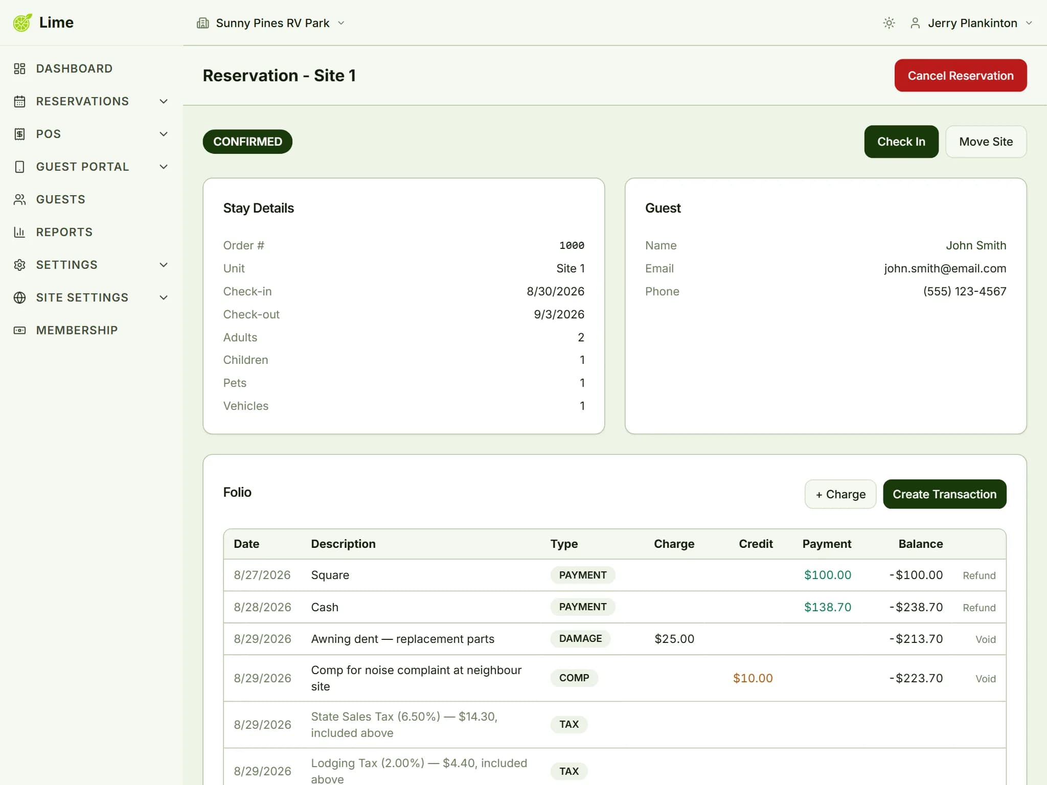 Reservation folio recording a Square card deposit and a cash balance payment, with charges, taxes and a running balance
