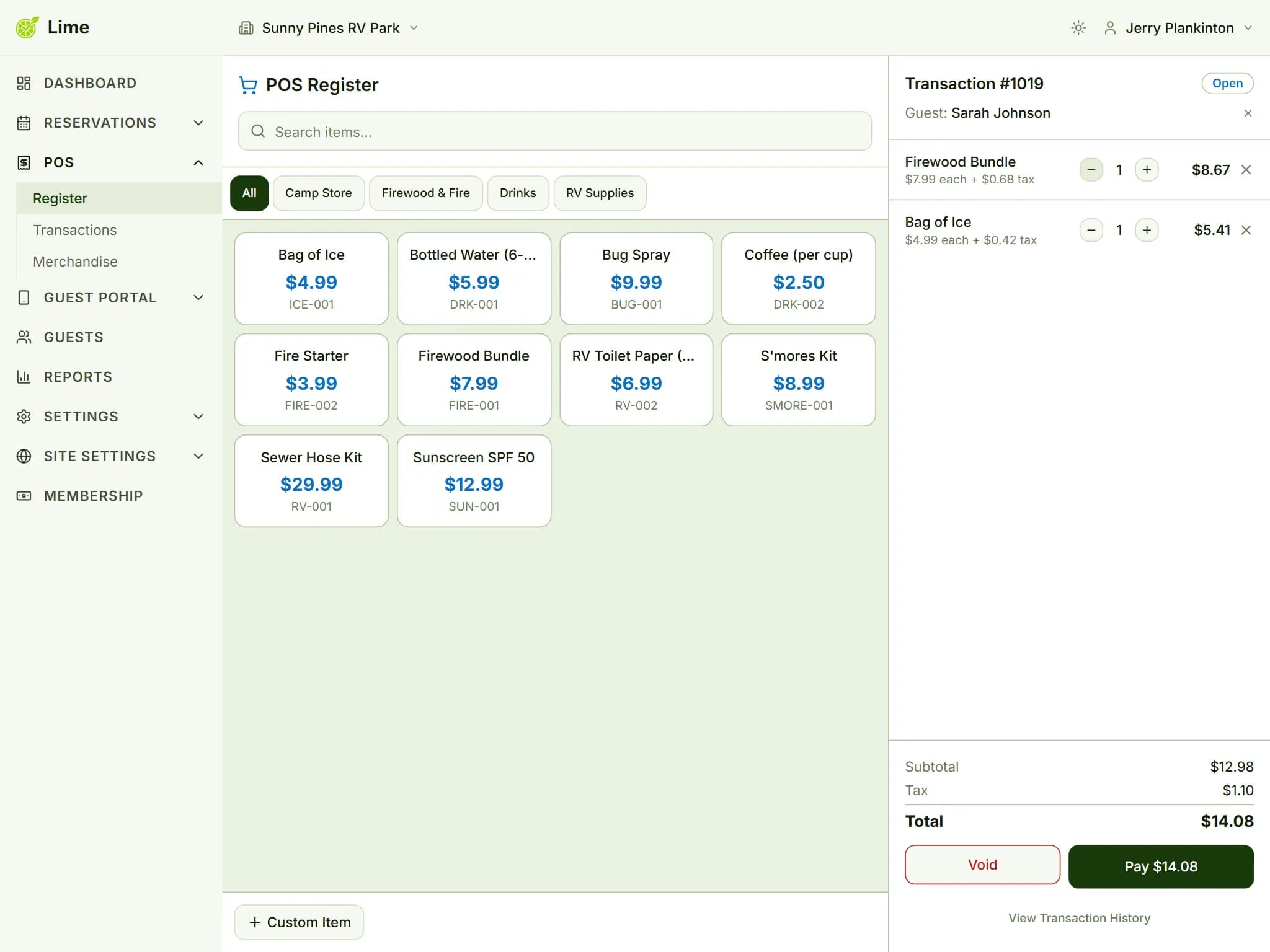 POS register with category filters, priced merchandise tiles and an open transaction for a linked guest with itemized tax and total