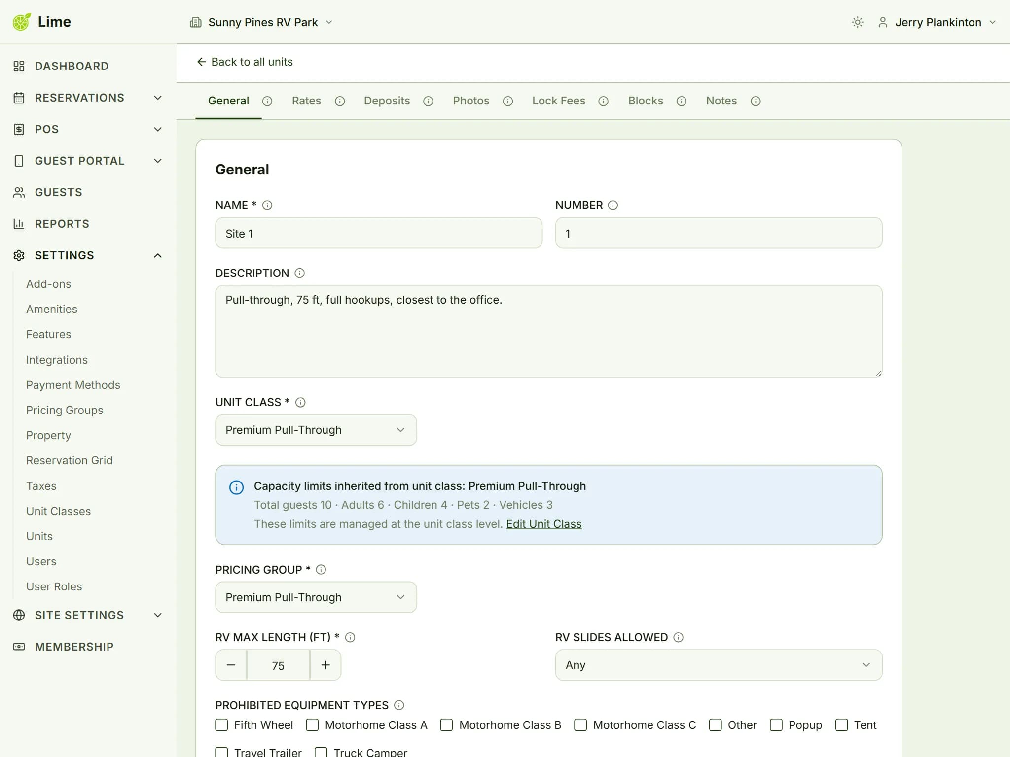 Unit editor showing RV max length, slide-out allowance, prohibited equipment types and inherited guest capacity limits