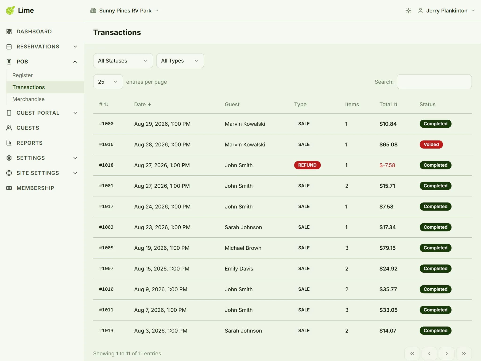 Transaction list with completed sales, a voided sale and a refund with a negative total, filterable by status and type